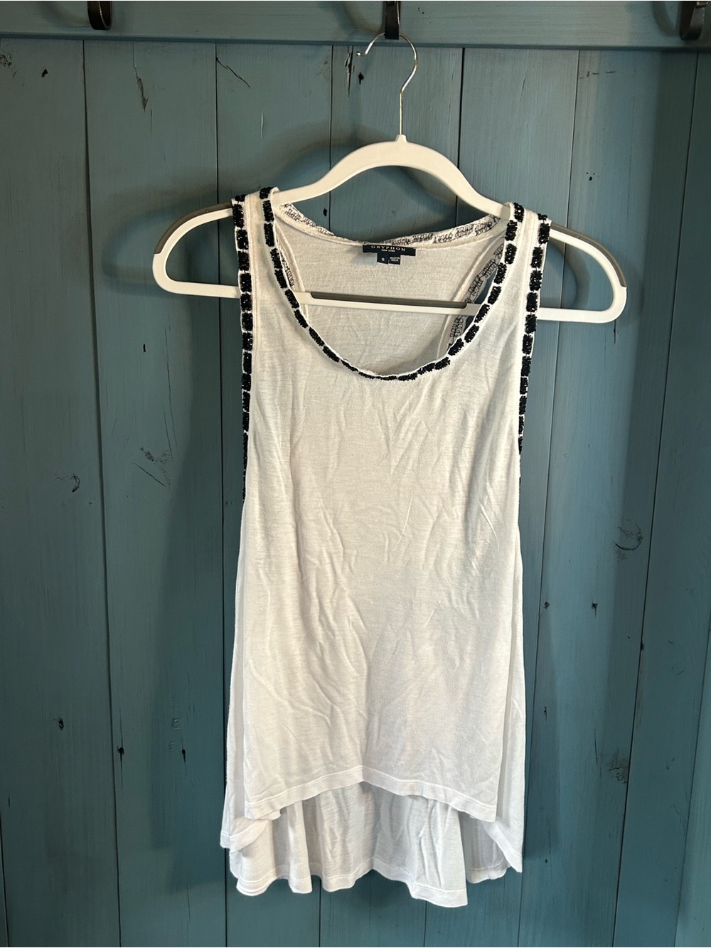 Gryphon New York White Racerback Tank with Black Beaded Trim Hi-Low Hem | Small